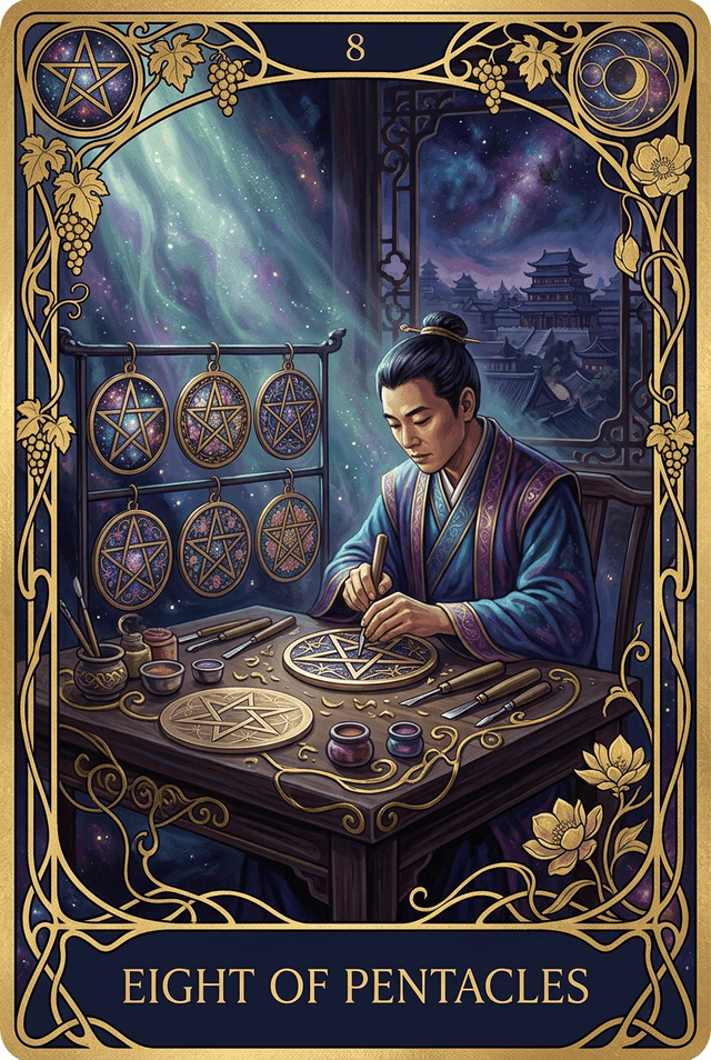 Eight of Pentacles tarot card artwork