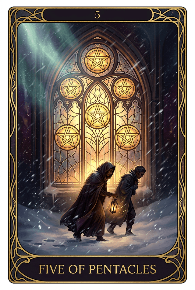 Five of Pentacles tarot card artwork