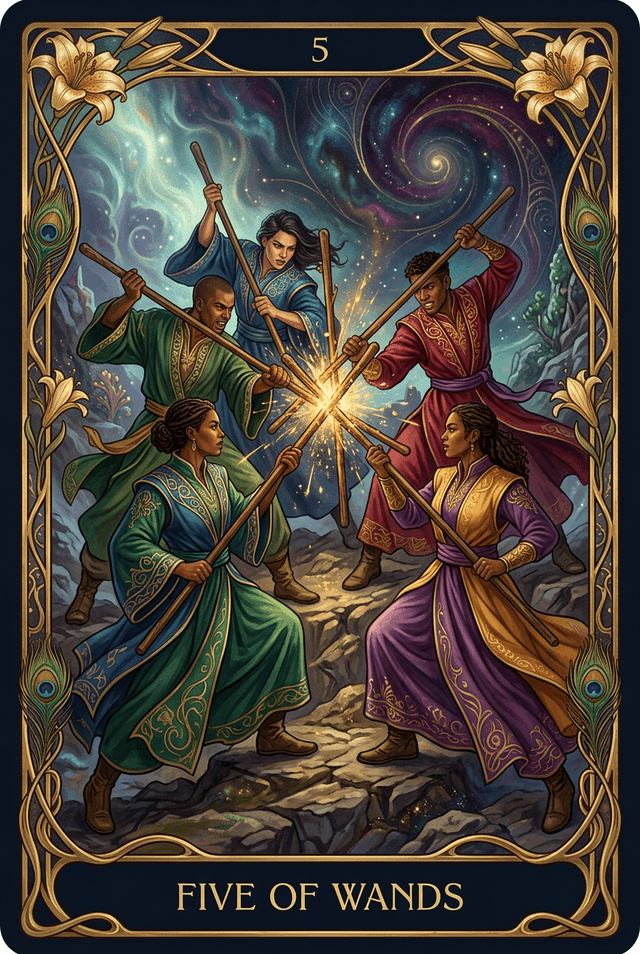 Five of Wands tarot card artwork
