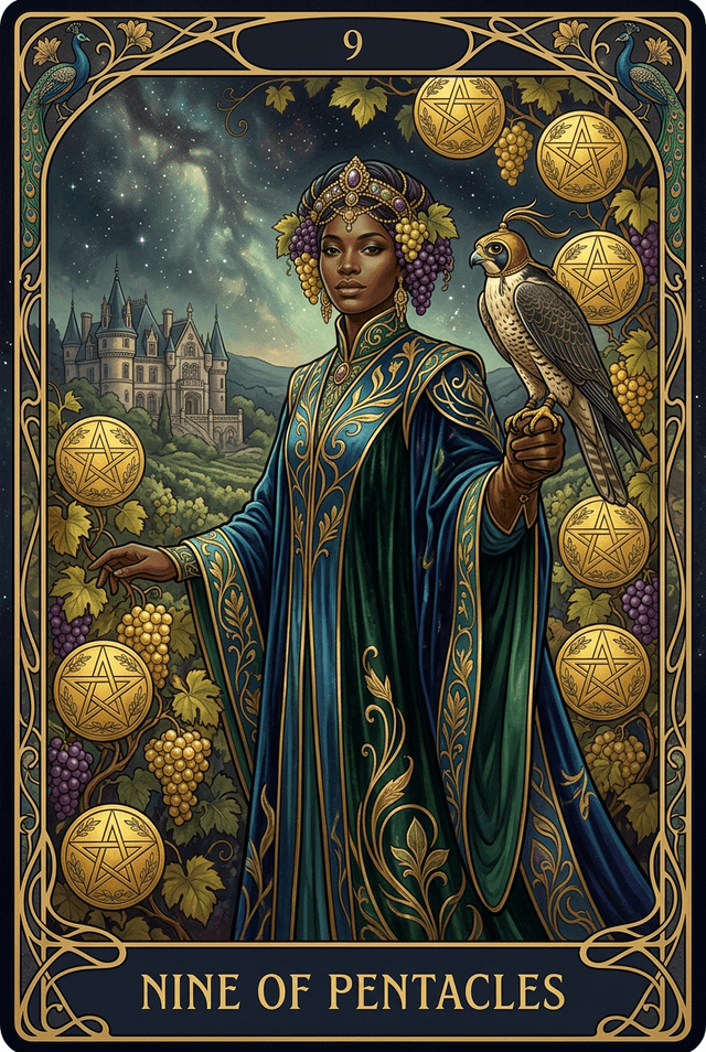 Nine of Pentacles tarot card artwork