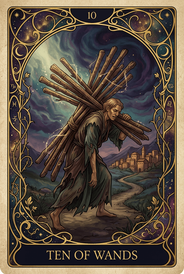 Ten of Wands tarot card artwork