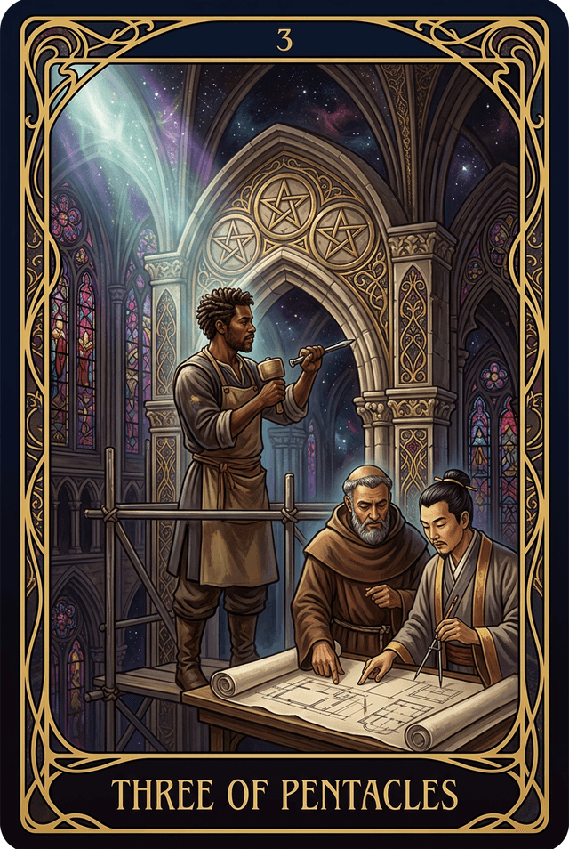 Three of Pentacles tarot card artwork