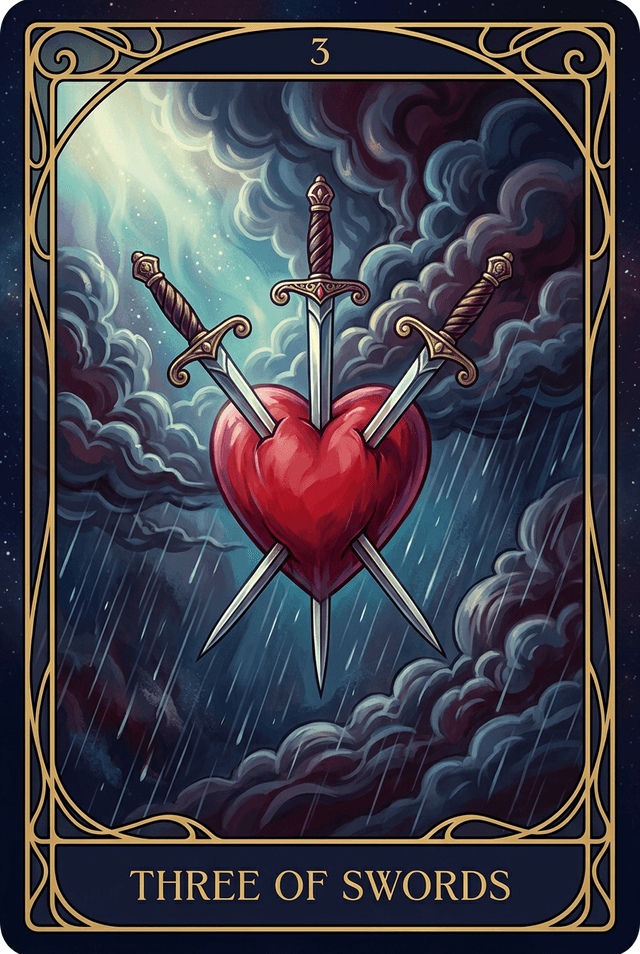 Three of Swords tarot card artwork