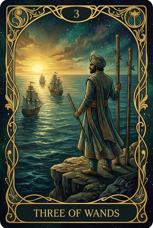 Three of Wands tarot card artwork