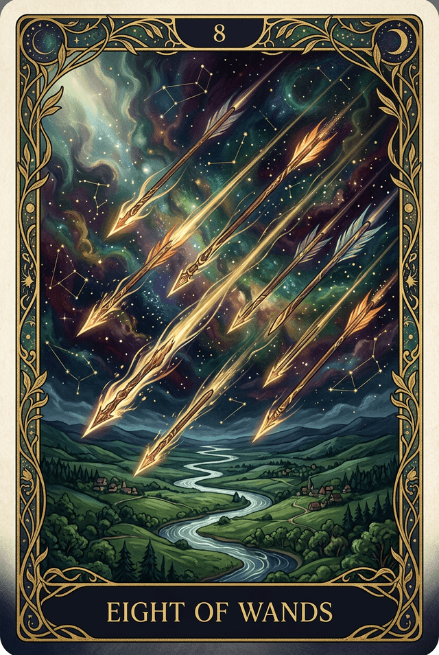 Eight of Wands tarot card artwork