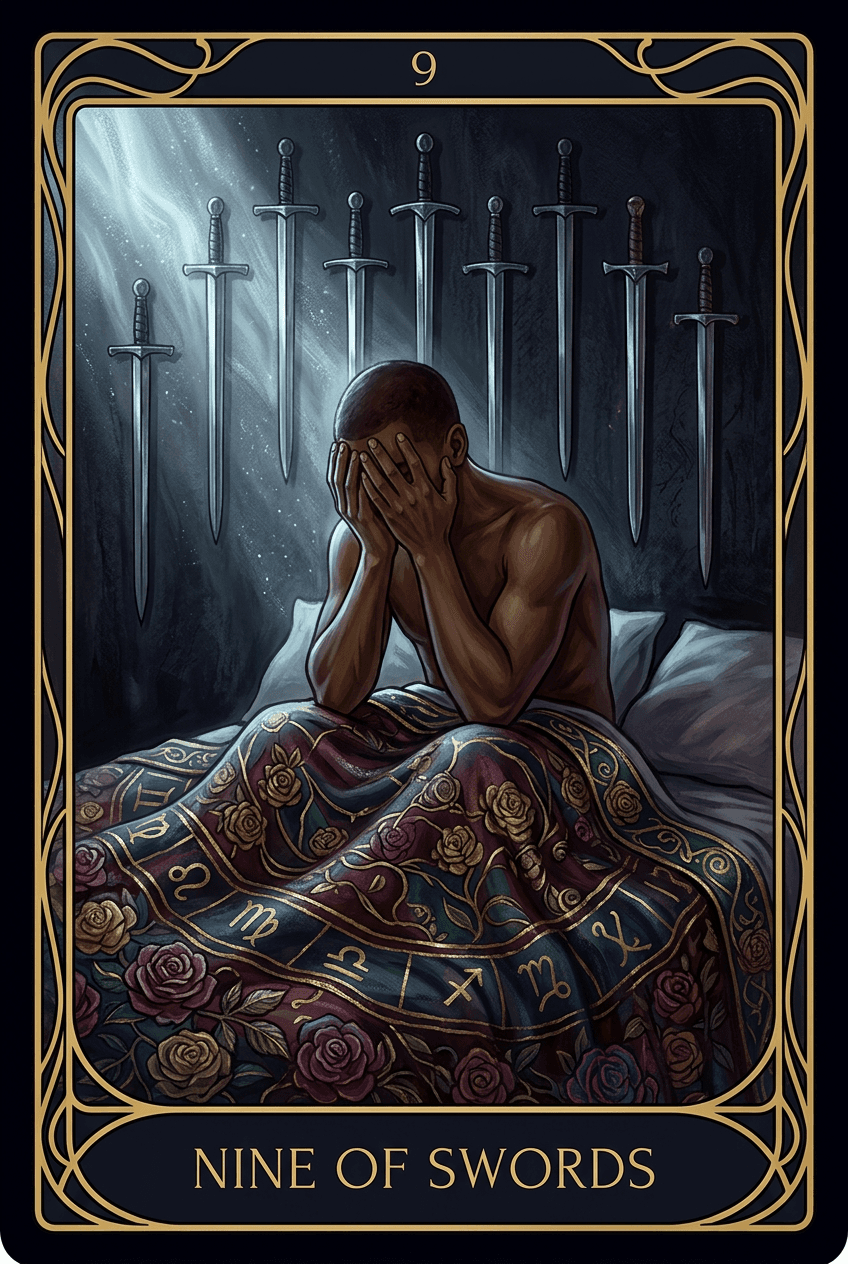 Nine of Swords tarot card artwork
