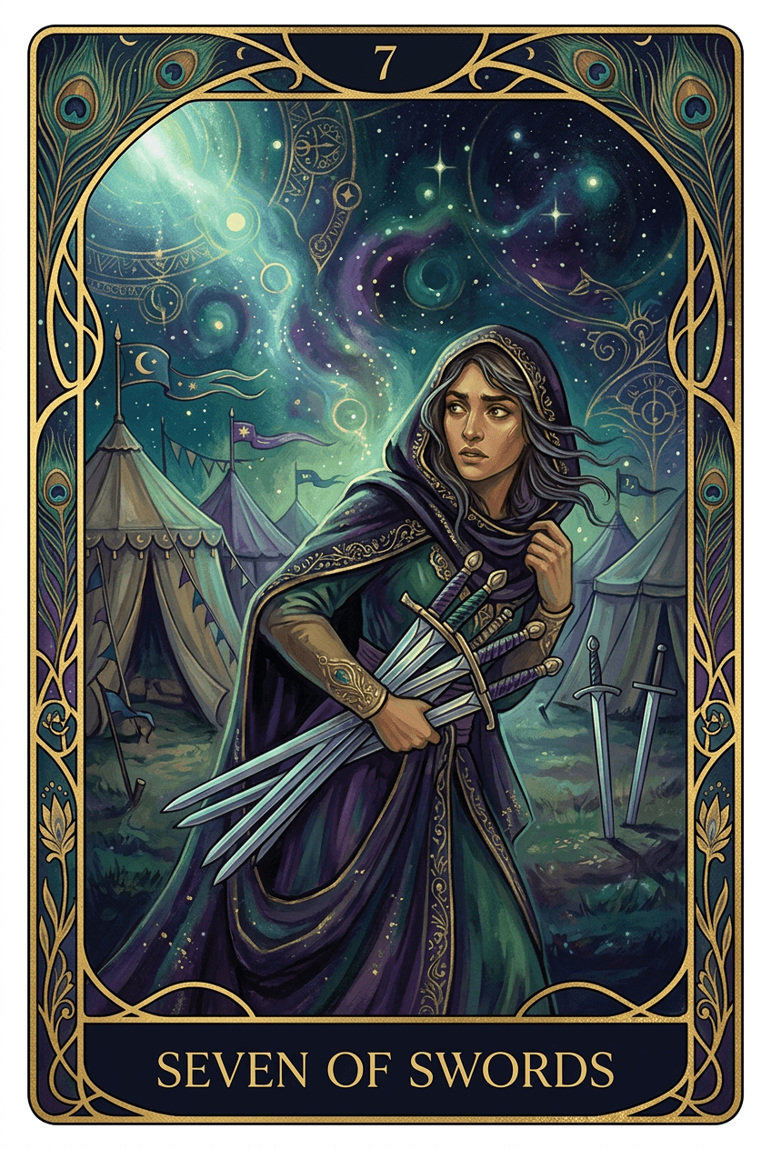 Seven of Swords tarot card artwork