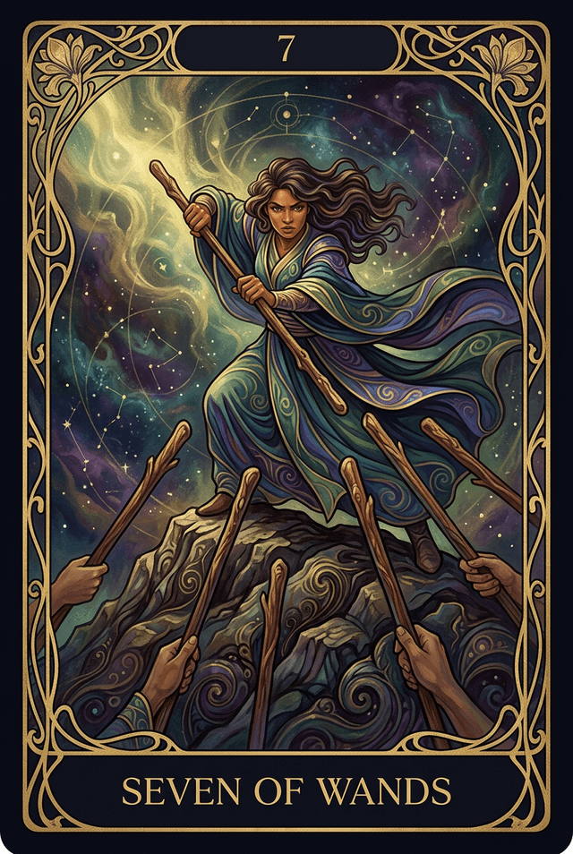 Seven of Wands tarot card artwork
